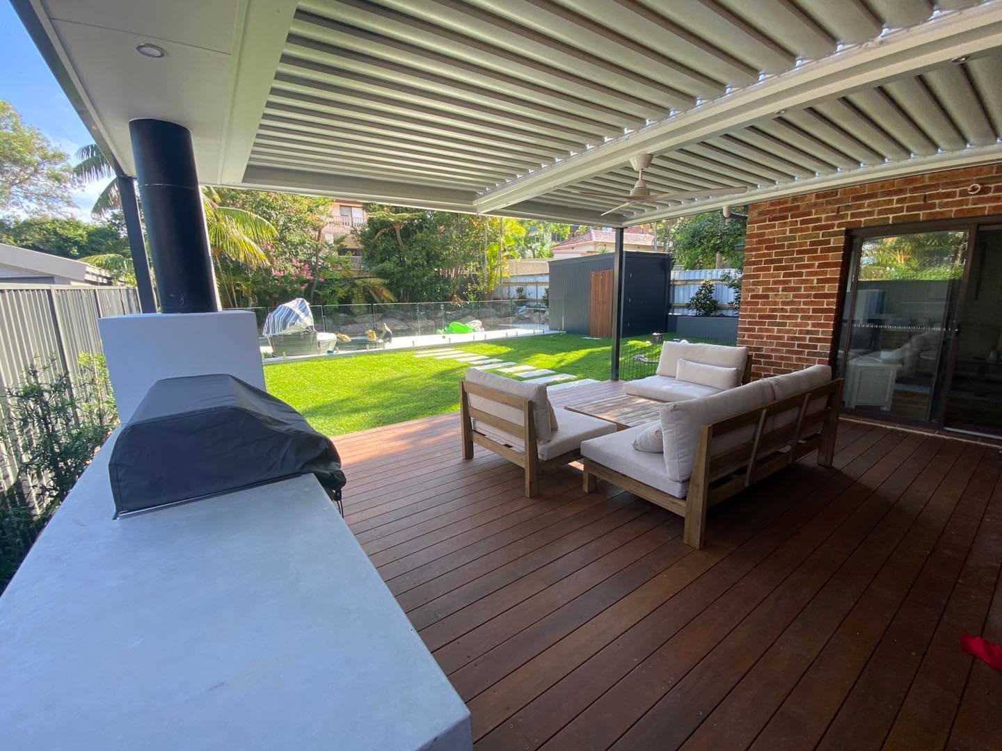 Spotted gum hardwood deck with built-in timber bench seat