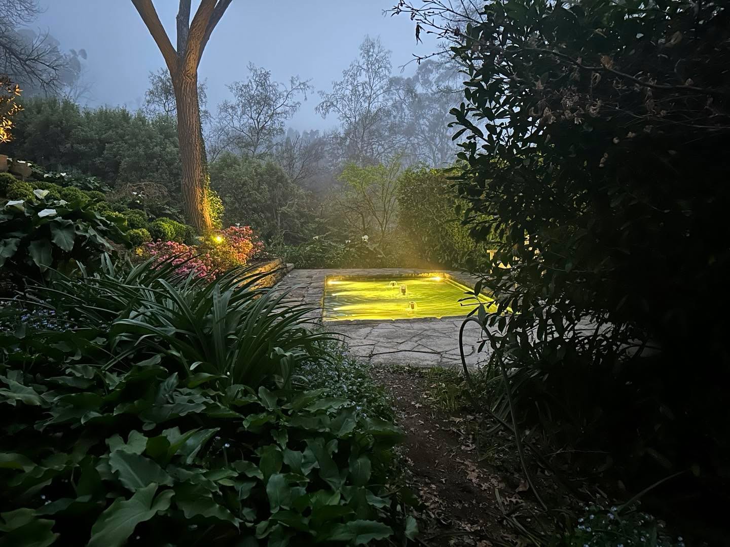 Sandstone pool at dusk uplit in an established country garden